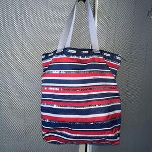 LeSportsac Ziptop Shopper/Tote in "Starboard" Red,White,Blue Stripes/Sequins